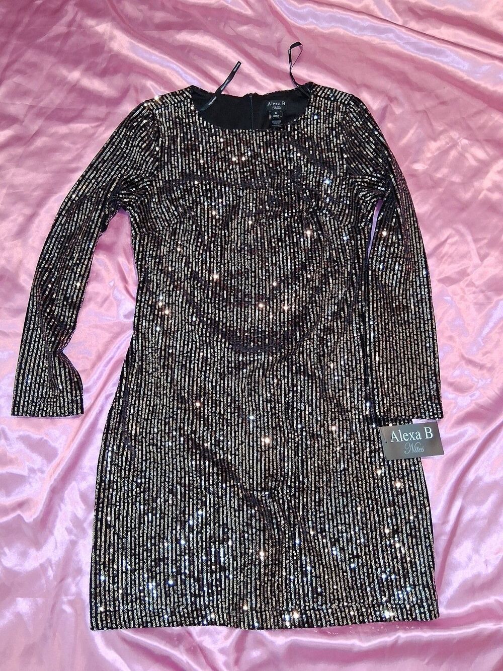 Alex Evenings Alexa B Nite Gold Black Sequin Long Sleeve Evening Dress Size 8
